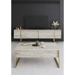 Lux soffbord90 x 60 cm - Travertin/guld