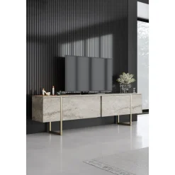 Lux TV-bänk - Travertin/guld