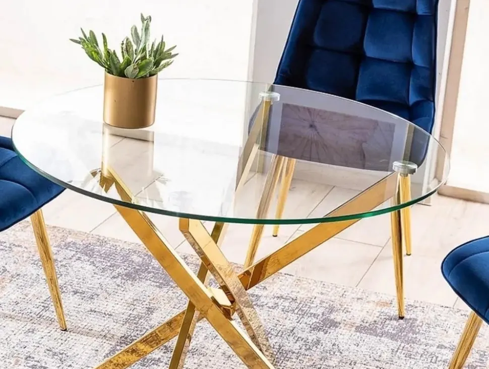 Matbord med glasskiva Ø90 cm guldiga bordsben + Fläckborttagare för möbler