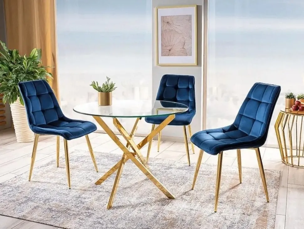 Matbord med glasskiva Ø90 cm guldiga bordsben + Fläckborttagare för möbler