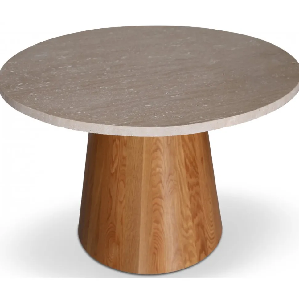 Matbord oljad ek med beige stenskiva Ø105 cm