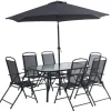Matgrupp; bord med 6 st positionsstolar och parasoll + Textilskydd för utemöbler