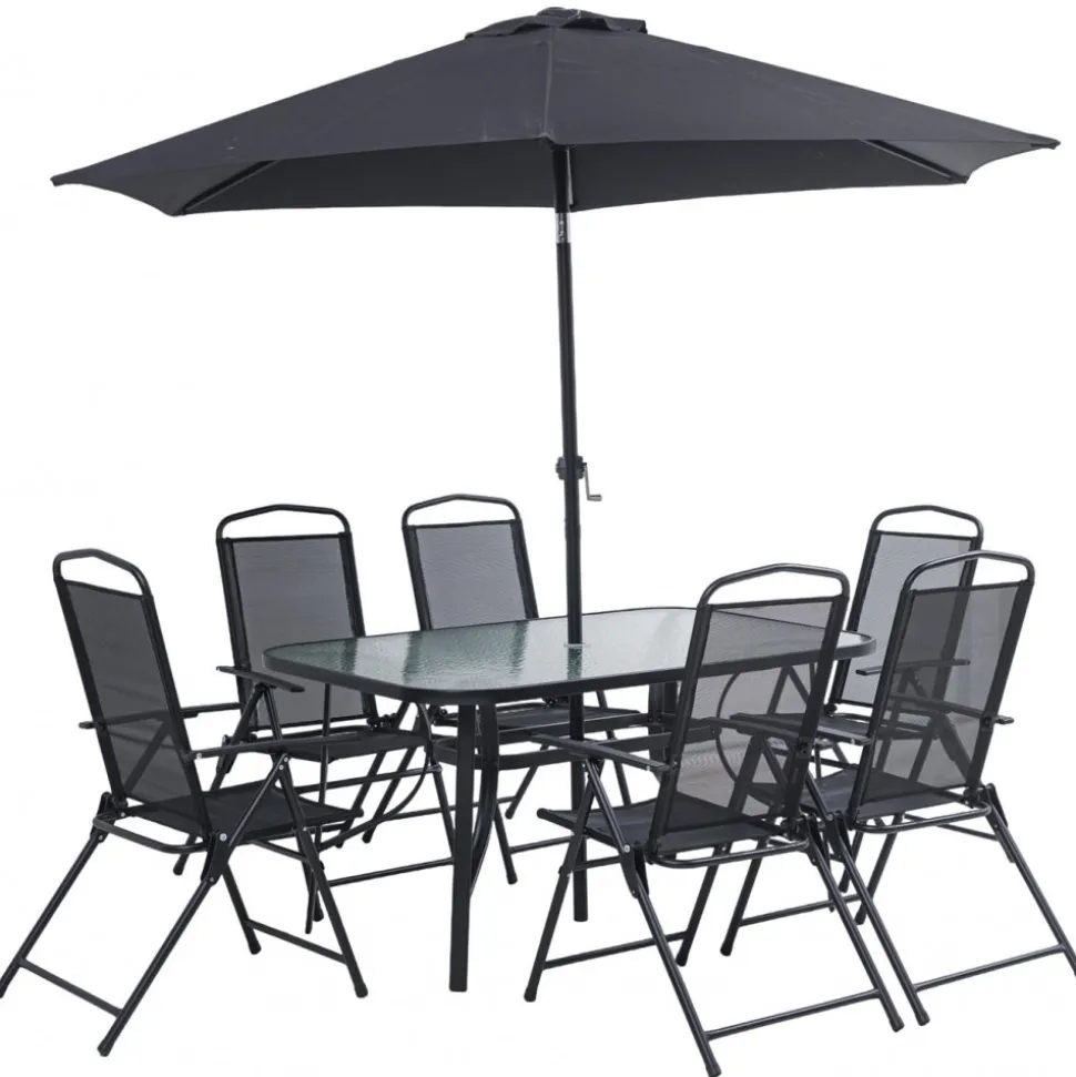 Matgrupp; bord med 6 st positionsstolar och parasoll + Textilskydd för utemöbler