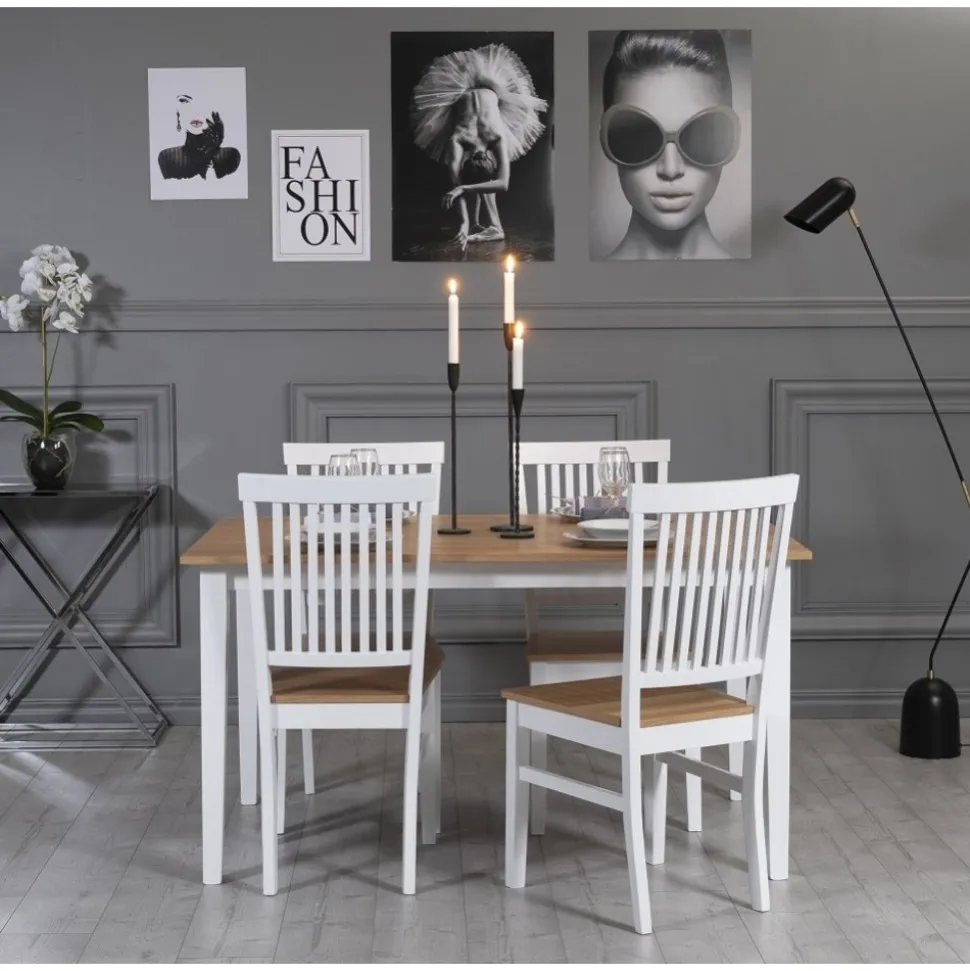 Matgrupp: Bord 140x90 cm inklusive 4 stolar - Ek/vit - Fårö + 4.00 x Stolsdyna