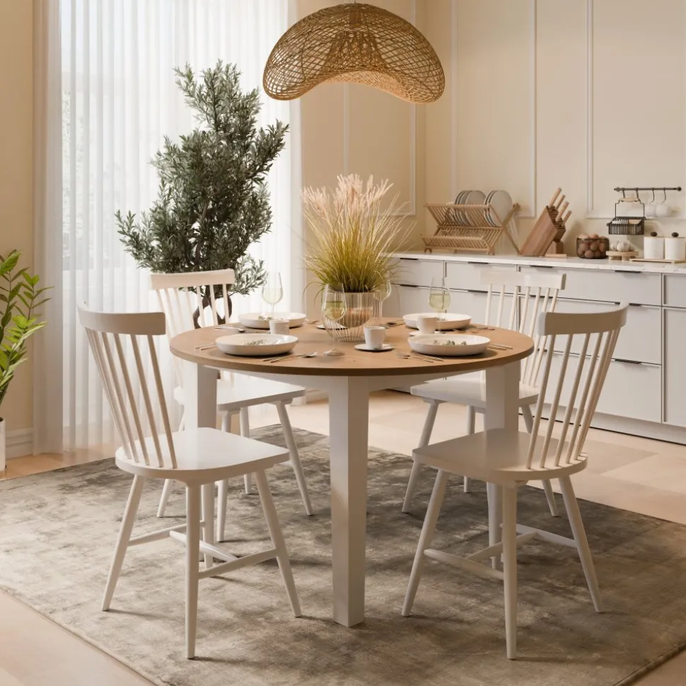 Matgrupp: Dalarös runt matbord vit / oljad ek inklusive 4 st Karl pinnstolar