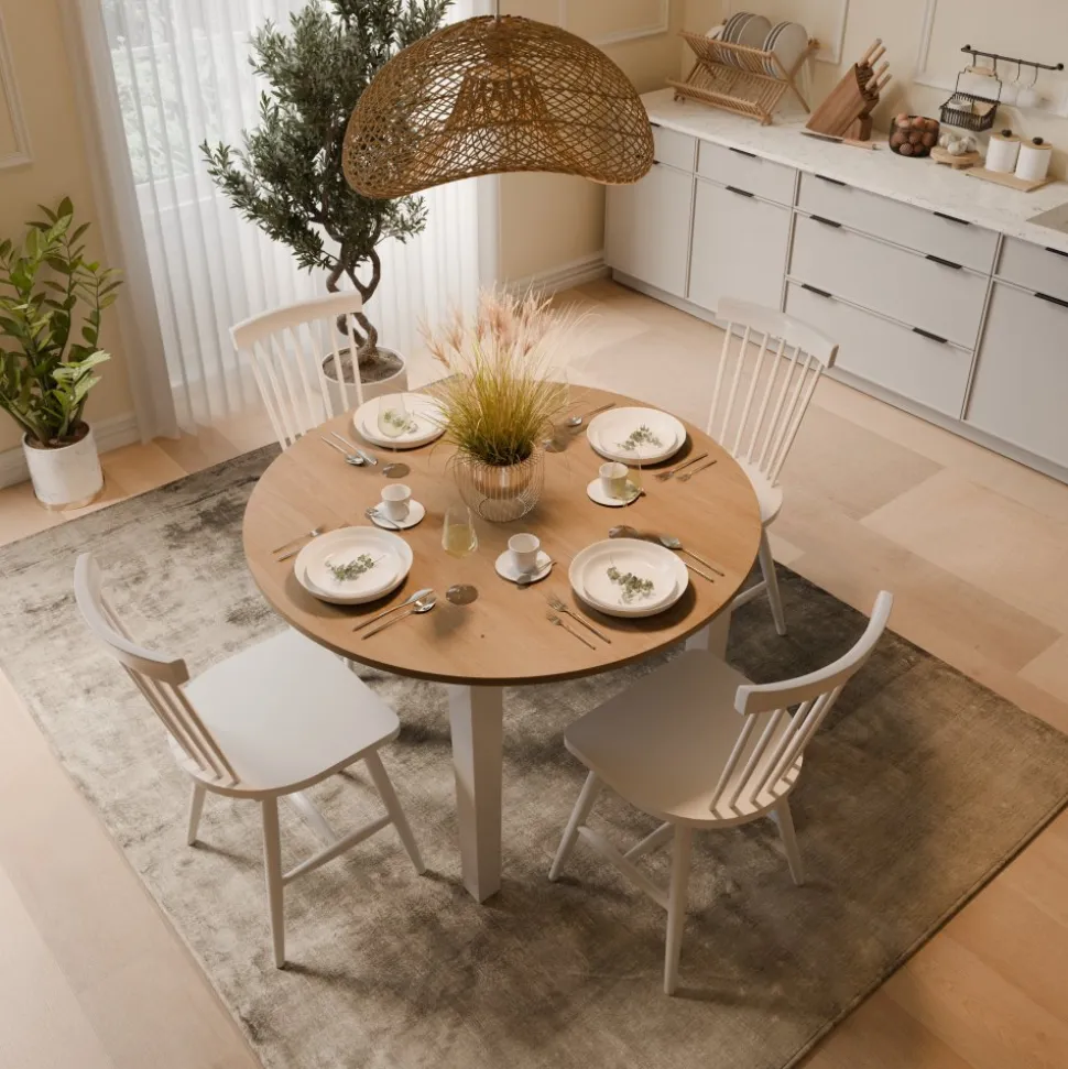 Matgrupp: Dalarös runt matbord vit / oljad ek inklusive 4 st Karl pinnstolar + 3.00 x Möbeltassar