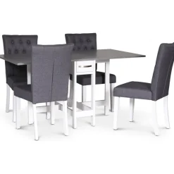 Matgrupp; klaffbord Vit / Grå med 4 st klädda stolar - Fårö + 3.00 x Möbeltassar