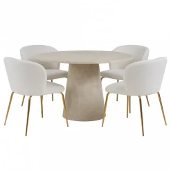 Matgrupp Lanzo Ø120 cm marmor beige med 4 st stolar i bouclé och mässingsben