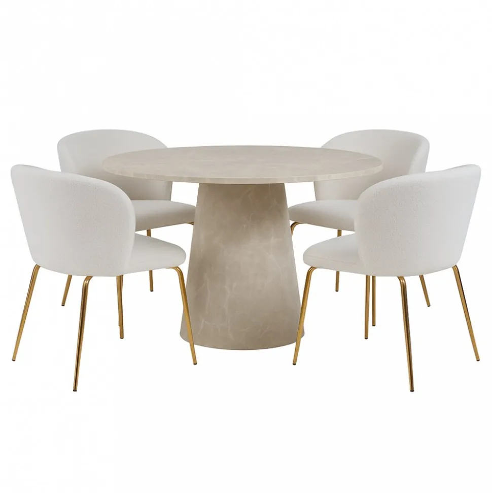 Matgrupp Lanzo Ø120 cm marmor beige med 4 st stolar i bouclé och mässingsben