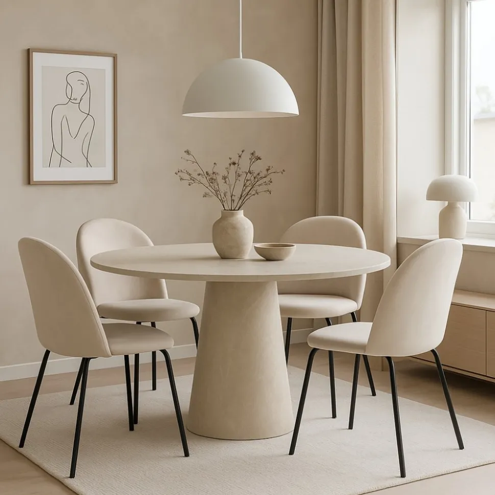 Matgrupp Lanzo Ø120 cm med 4 st Astrid stolar i beige sammet