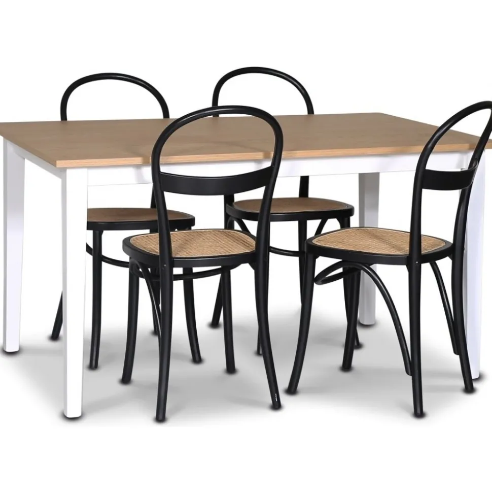 Matgrupp; matbord 140x90 cm - Vit / oljad ek med 4 st svarta stolar + 4.00 x Stolsdyna
