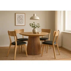Matgrupp Osaka Ø120200 cm ek med 4 st Amino stolar i ek och svart ecoläder