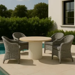 Merca matgrupp: Runt bord + 4 st grå Mercury fåtöljer grå konstrotting