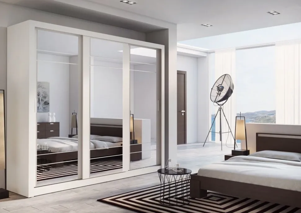 Mervyn vit garderob med spegel och inredning - Bredd 250 cm