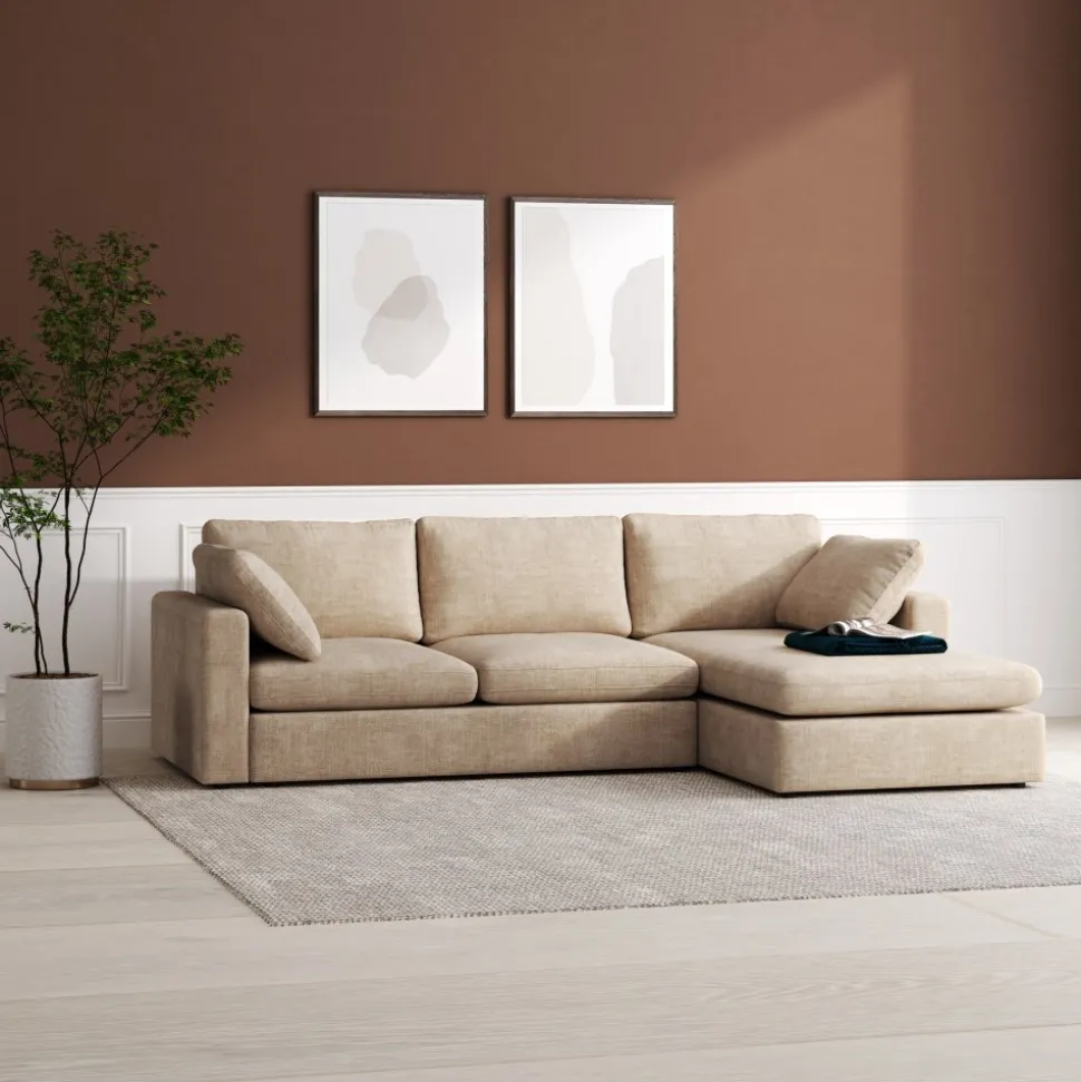 Moby mörkbeige divansoffa 296 cm - Vändbar divansoffa med pocketfjädrar + Textilrengöring för möbler