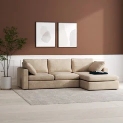 Moby mörkbeige divansoffa 296 cm - Vändbar divansoffa med pocketfjädrar + Textilrengöring för möbler