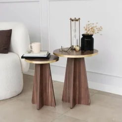 Mushroom sidobordset Ø30/40 cm - Guld/valnöt