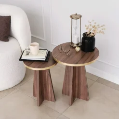 Mushroom sidobordset Ø30/40 cm - Guld/valnöt