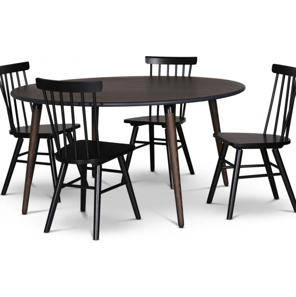 Omni matgrupp, runt matbord Ø130 cm inkl 4 st Orust svarta pinnstolar - Rökfärgad ek + 3.00 x Möbeltassar