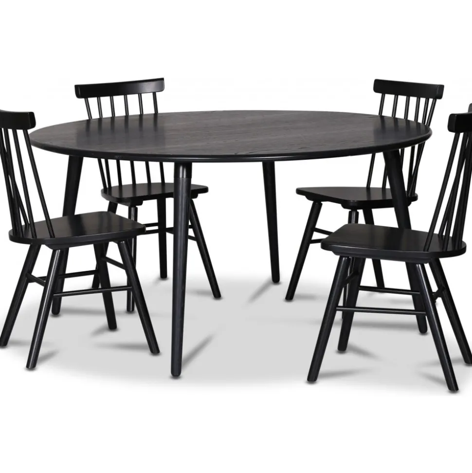 Omni matgrupp, runt matbord Ø130 cm inkl 4 st Orust svarta pinnstolar - Svartbetsad ek