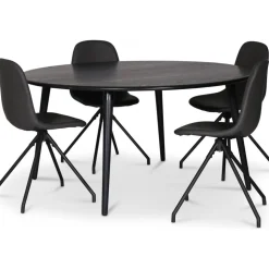 Omni matgrupp, runt matbord Ø130 cm inkl 4 st Bridge snurrbara svarta stolar - Svartbetsad ek