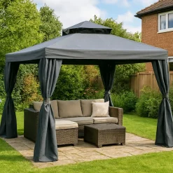 Paviljong 3x3 meter mörkgrå, sidoväggar och myggnät ingår + Rengöringsmedel för utemöbler