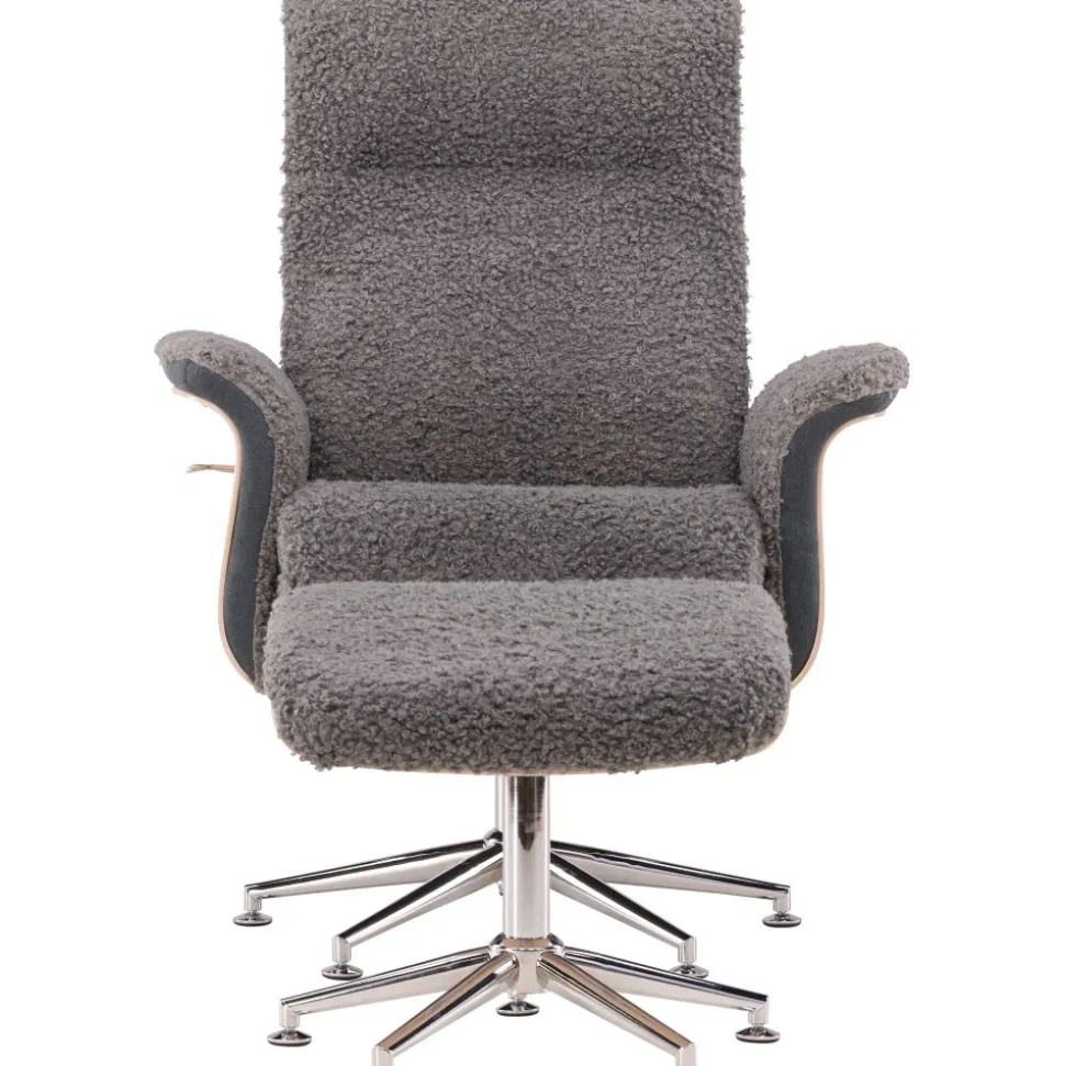 Reclinerfåtölj med fotpall - Grå fårskinnsimitation/whitewash ek