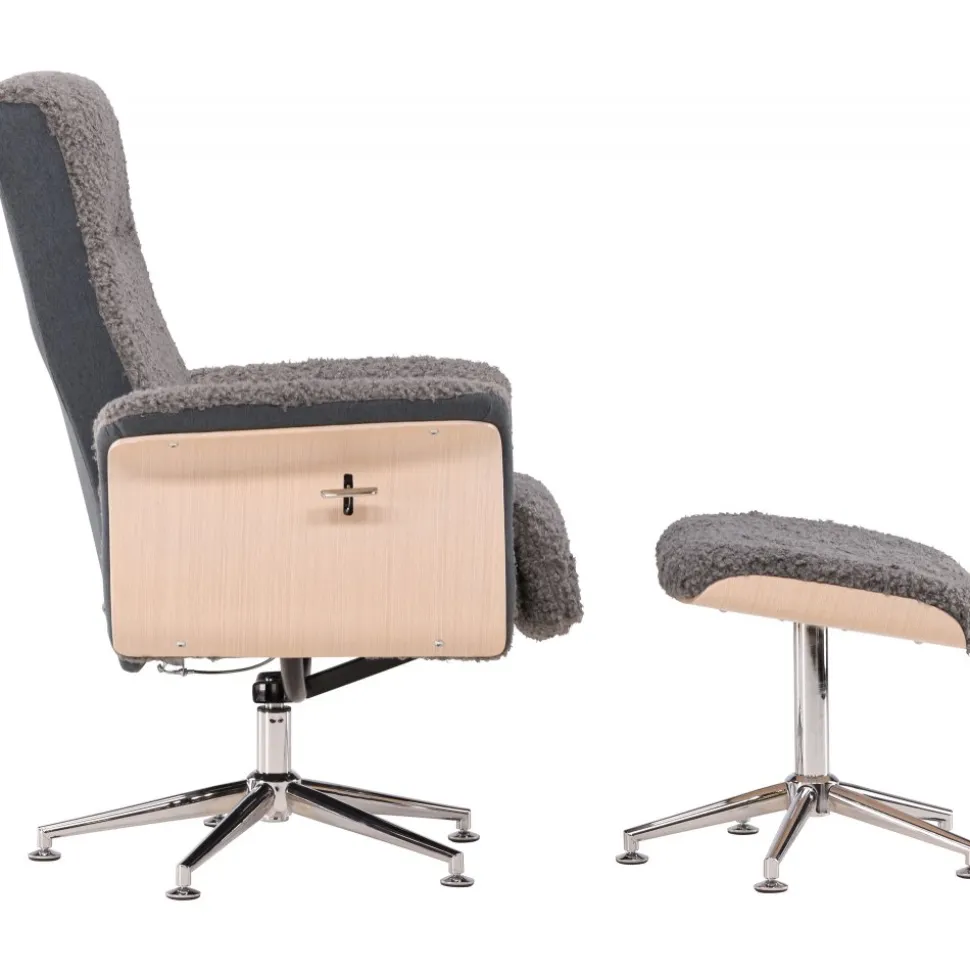 Reclinerfåtölj med fotpall - Grå fårskinnsimitation/whitewash ek