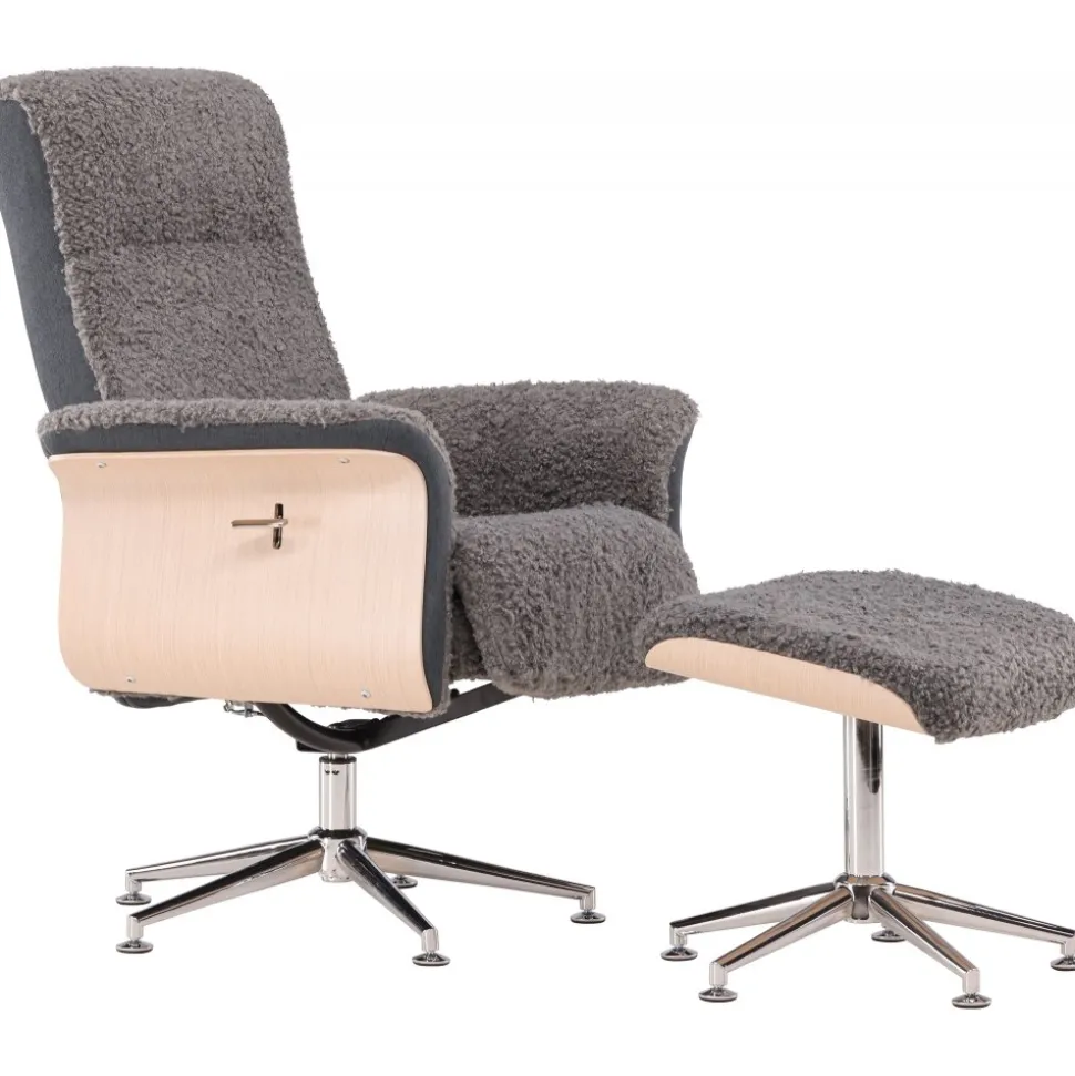 Reclinerfåtölj med fotpall - Grå fårskinnsimitation/whitewash ek