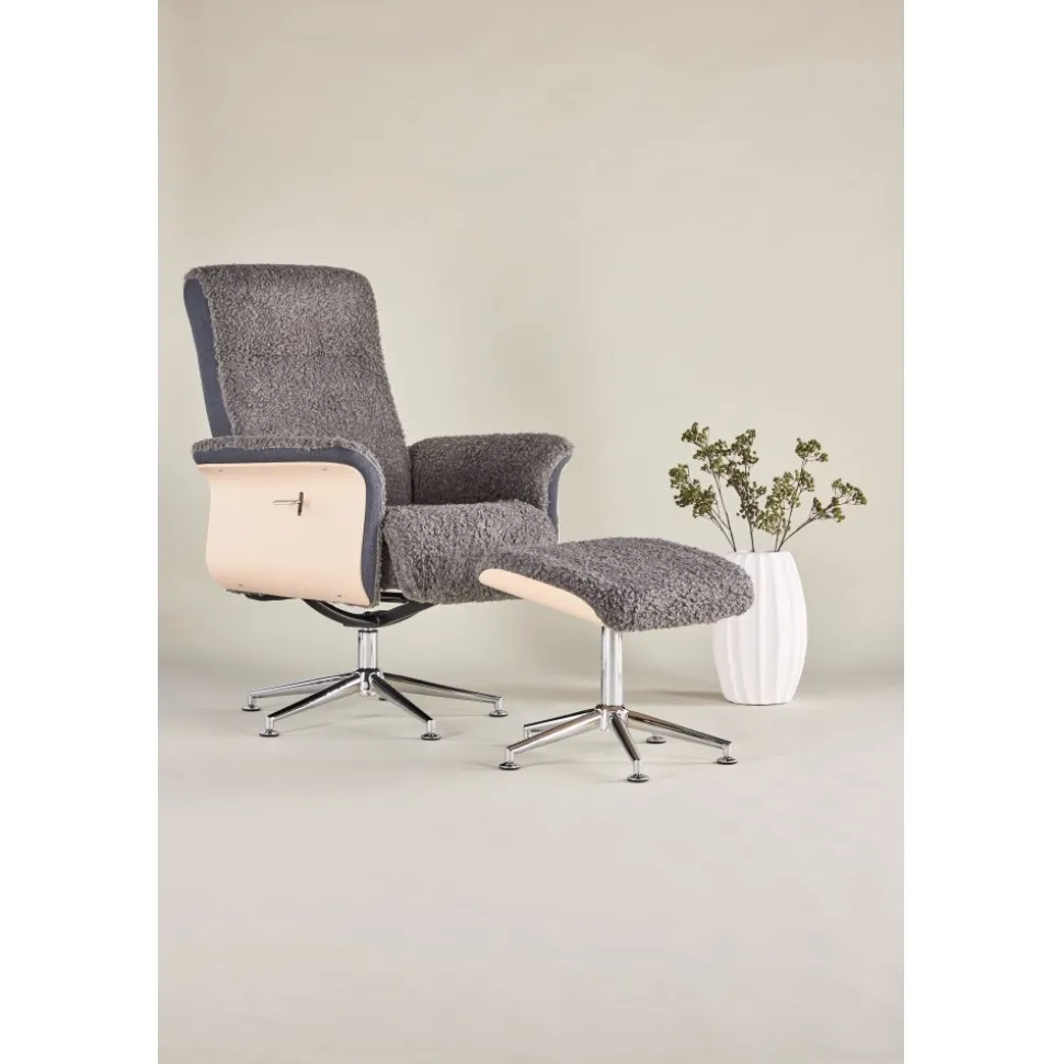 Reclinerfåtölj med fotpall - Grå fårskinnsimitation/whitewash ek