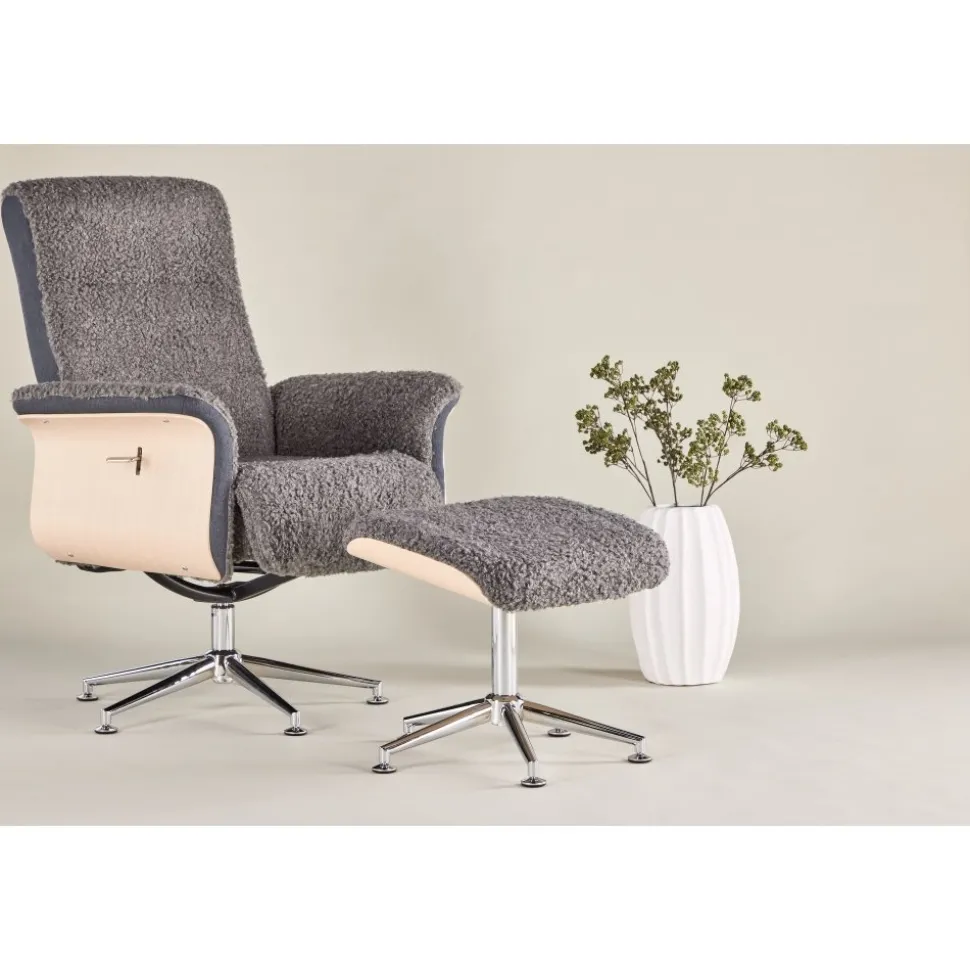 Reclinerfåtölj med fotpall - Grå fårskinnsimitation/whitewash ek