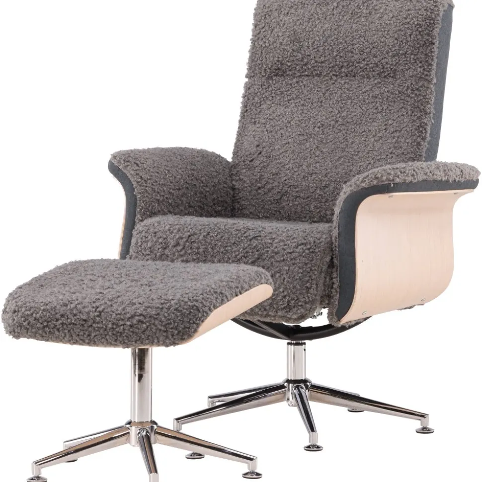 Reclinerfåtölj med fotpall - Grå fårskinnsimitation/whitewash ek