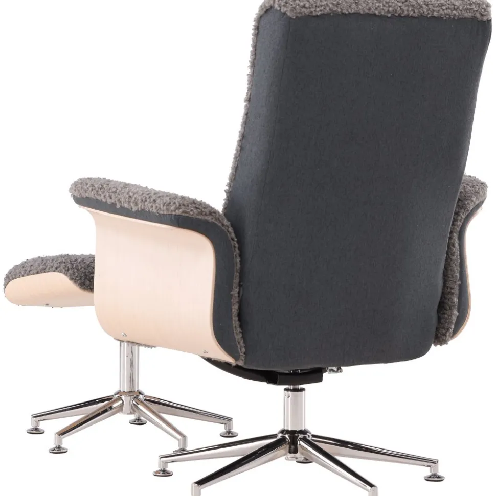 Reclinerfåtölj med fotpall - Grå fårskinnsimitation/whitewash ek