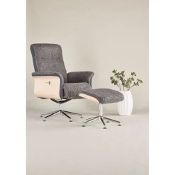 Reclinerfåtölj med fotpall - Grå fårskinnsimitation/whitewash ek + Textilrengöring för möbler