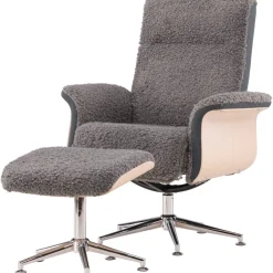 Reclinerfåtölj med fotpall - Grå fårskinnsimitation/whitewash ek + Textilrengöring för möbler