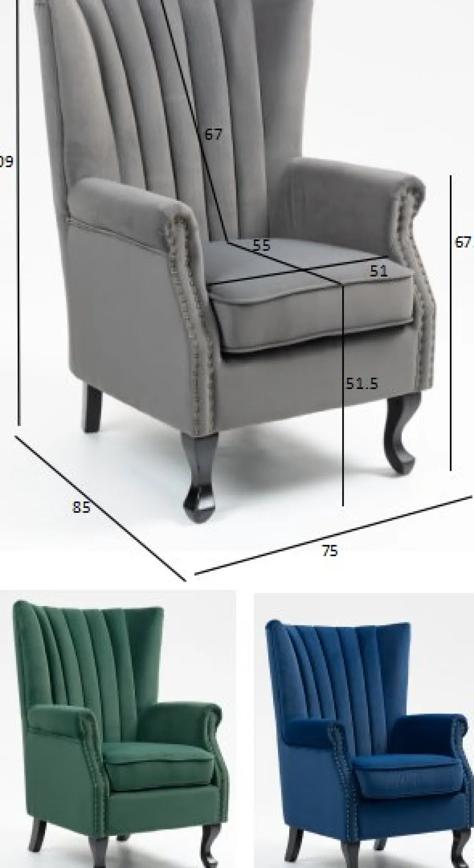 Öronlappsfåtölj i grön sammet + Fläckborttagare för möbler