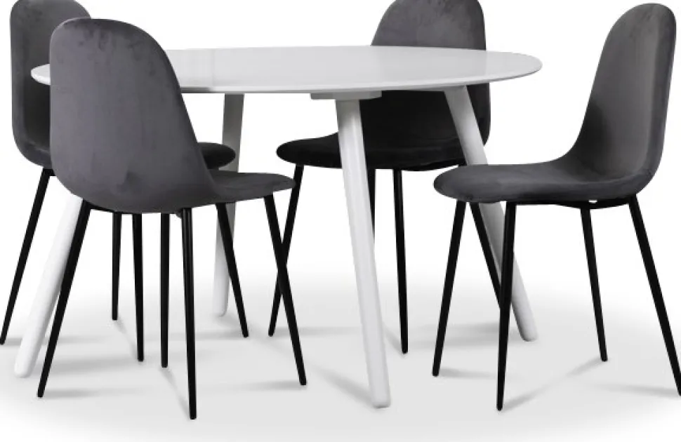 Rosvik matgrupp, matbord med 4 st Carisma sammetsstolar - Vit/Grå + 3.00 x Möbeltassar