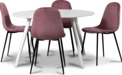 Rosvik matgrupp, matbord med 4 st Carisma sammetsstolar - Vit/Rosa + 3.00 x Möbeltassar
