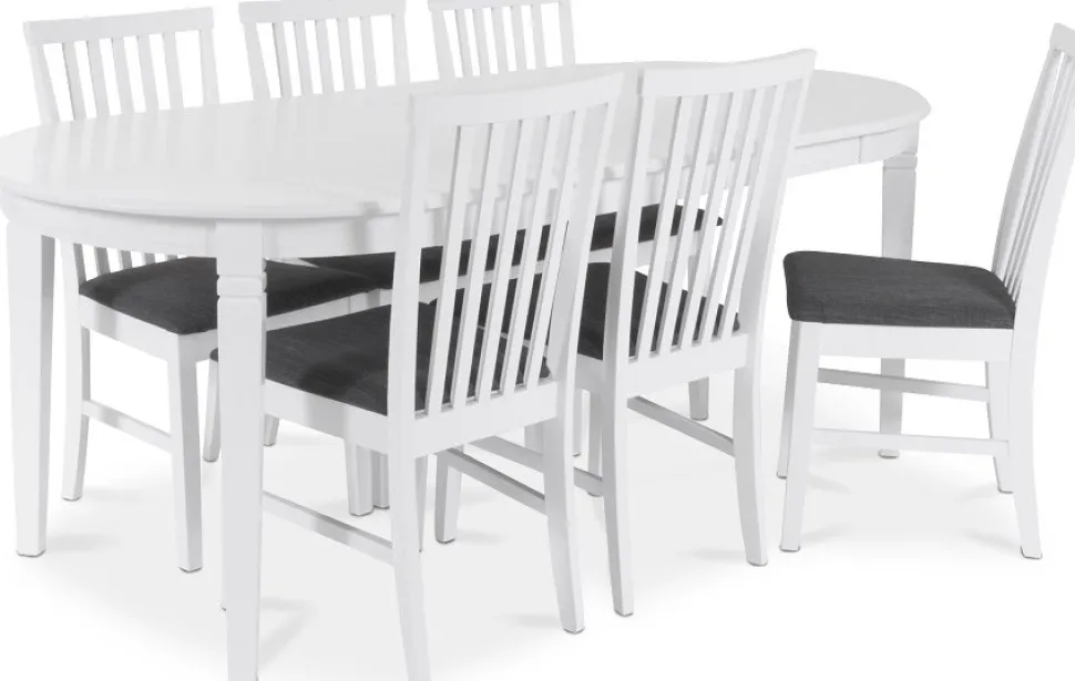 Sandhamn Matgrupp; ovalt bord med 6 st Sandhamn stolar i Grått tyg + 6.00 x Stolsdyna