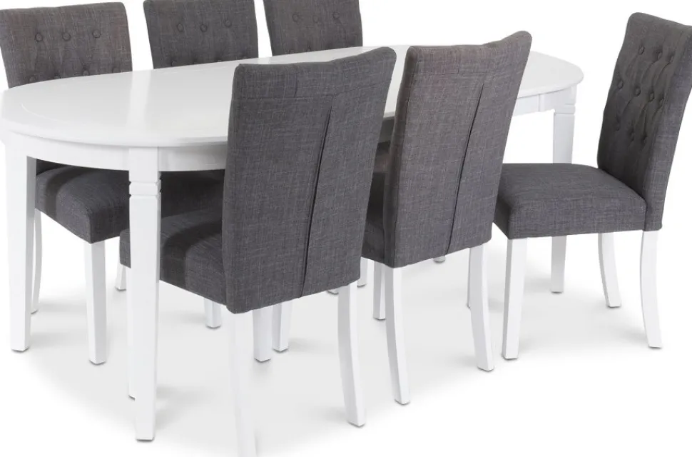 Sandhamn Matgrupp; Ovalt bord med 6 st Crocket stolar i Grått tyg + 4.00 x Möbeltassar