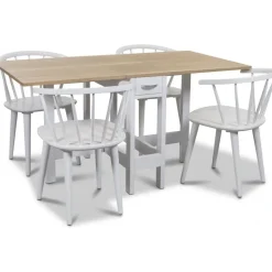 Signum matgrupp Slagbord vit/ek med 4 st vita fredrik pinnstolar med karm + 3.00 x Möbeltassar
