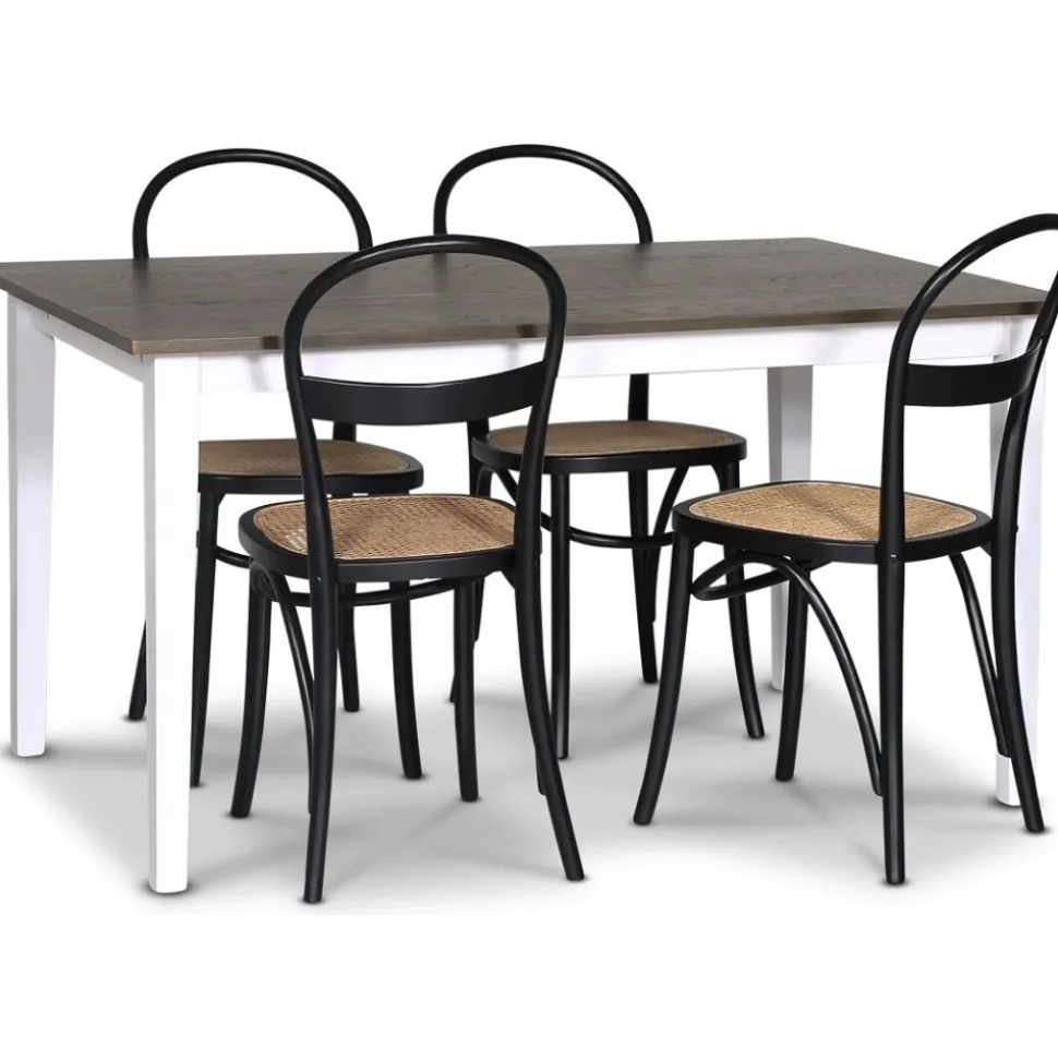 Skagen matgrupp; matbord 140 cm - Vit / brunbetsad ek med 4 st Danderyd No.16 matstolar Svart + 4.00 x Stolsdyna