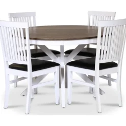 Skagen matgrupp; runt matbord Ø120 cm - Vit / brunoljad ek med 4 st Fårö stolar (Ribbor i ryggen) med svart PU-sits + 3.00 x Möbeltassar