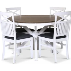 Skagen matgrupp; runt matbord Ø120 cm - Vit / brunoljad ek med 4 st Skagen stolar med grå sits + 4.00 x Stolsdyna