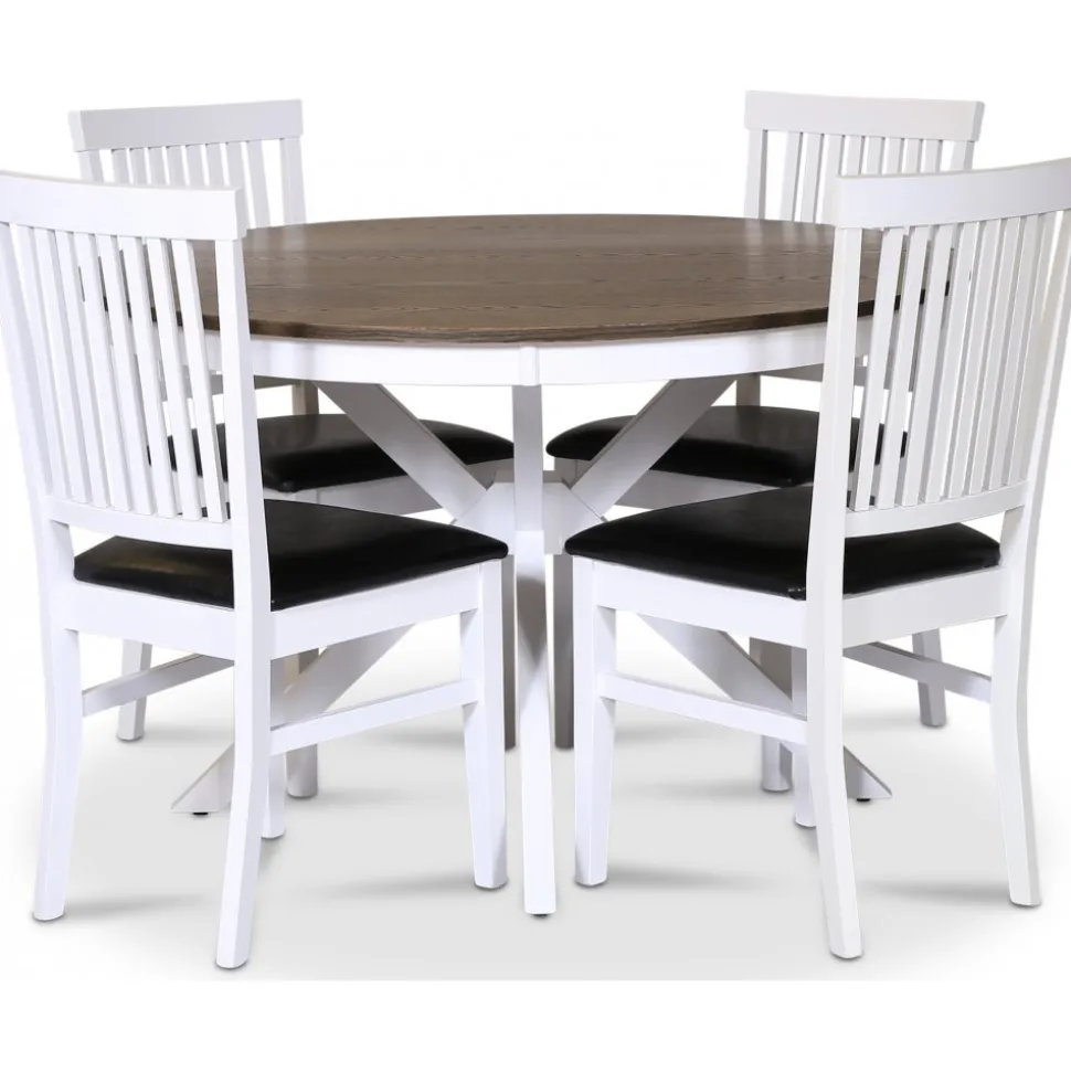 Skagen matgrupp; runt matbord Ø120 cm - Vit / brunoljad ek med 4 st Fårö stolar (Ribbor i ryggen) med svart PU-sits