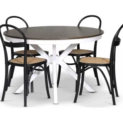 Skagen matgrupp; runt matbord 120 cm - Vit / brunbetsad ek med 4 st Danderyd No.16 stolar Svart + 4.00 x Stolsdyna