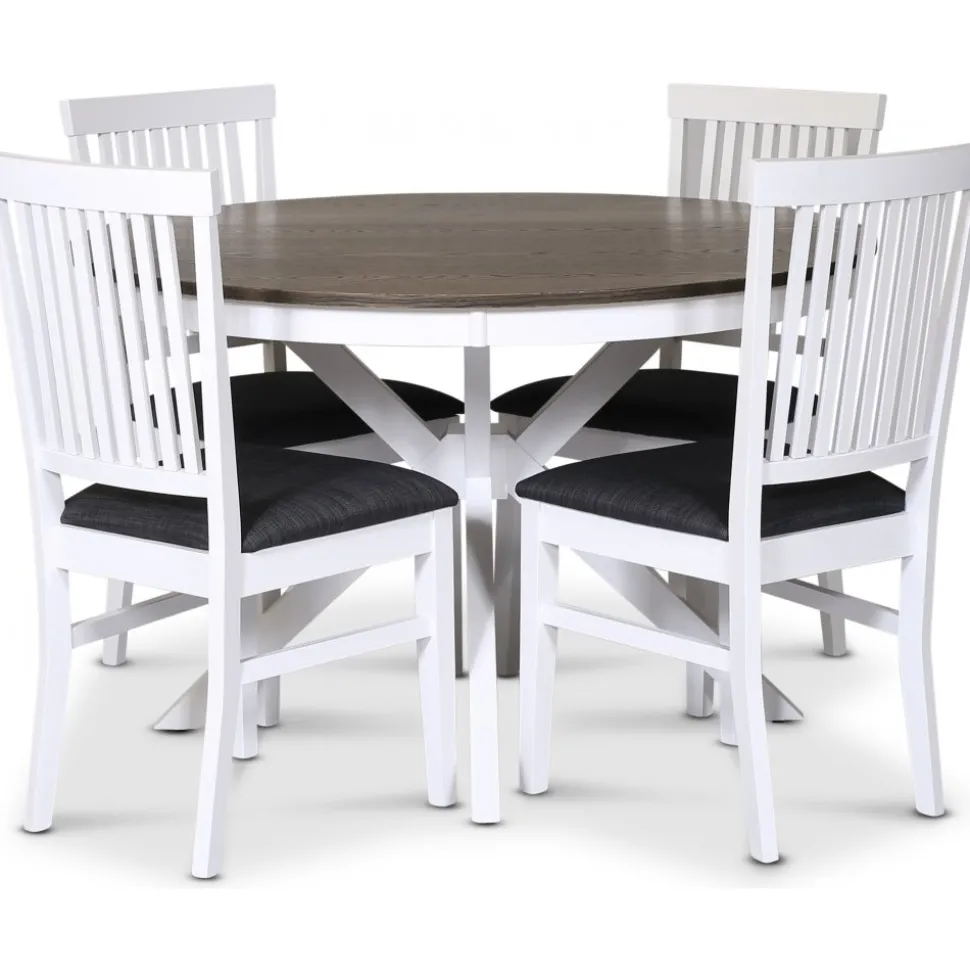 Skagen matgrupp; runt matbord Ø120 cm - Vit / brunoljad ek med 4 st Fårö stolar (Ribbor i ryggen) med grå tygsits + 3.00 x Möbeltassar