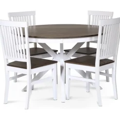 Skagen matgrupp; runt matbord Ø120 cm - Vit / brunoljad ek med 4 st Skagen stolar (Ribbor i ryggen) med brunoljad eksits + 4.00 x Stolsdyna