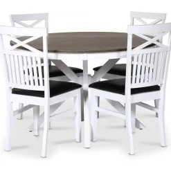 Skagen matgrupp; runt matbord Ø120 cm - Vit / brunoljad ek med 4 st Fårö stolar (Kryss i ryggen) med svart PU sits + 4.00 x Stolsdyna