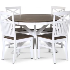 Skagen matgrupp; runt matbord Ø120 cm - Vit / brunoljad ek med 4 st Skagen stolar (Kryss i ryggen) med brunoljad eksits
